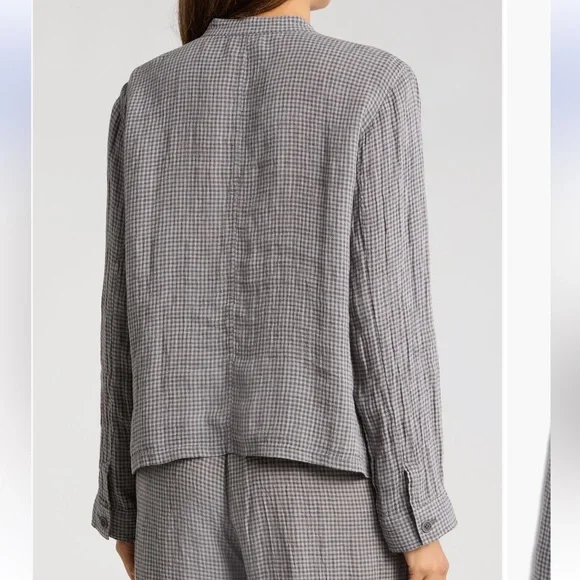 Eileen Fisher NWT Checkered Organic Cotton Mandarin Collar Button Down Shacket